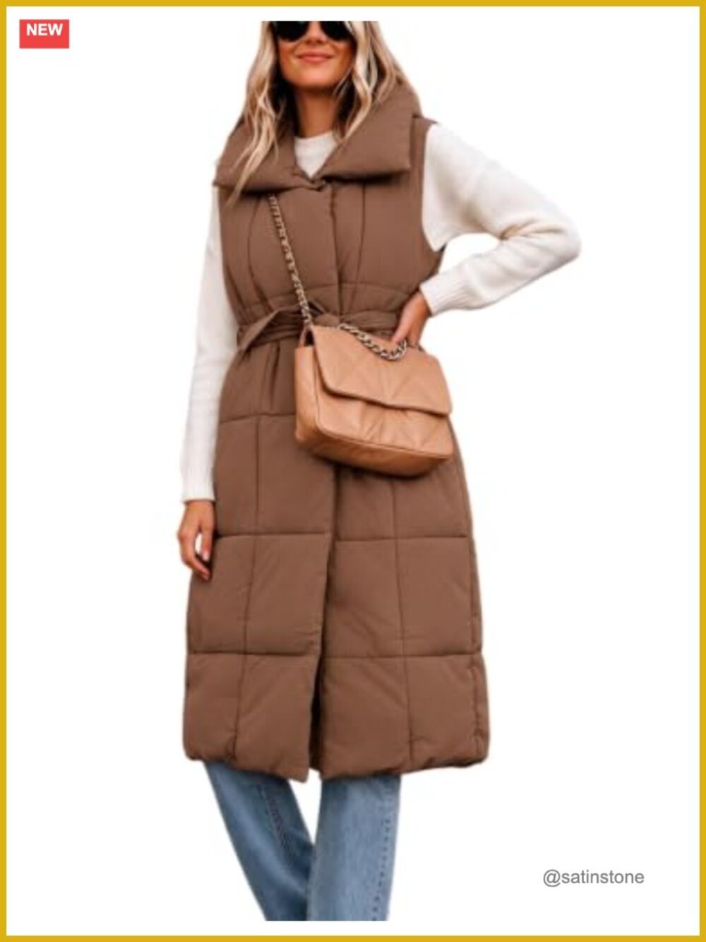 Womens Long Puffer Vest Quilted Belted Nylon Winter Coat Button Down
